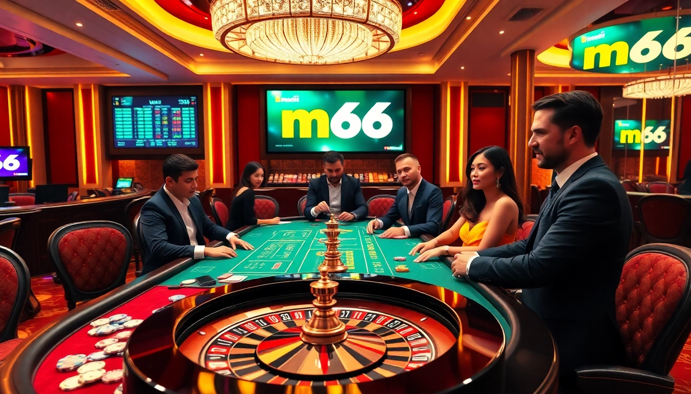 Vibrant casino scene showcasing excitement at nhà cái mb66 table games and betting activities.
