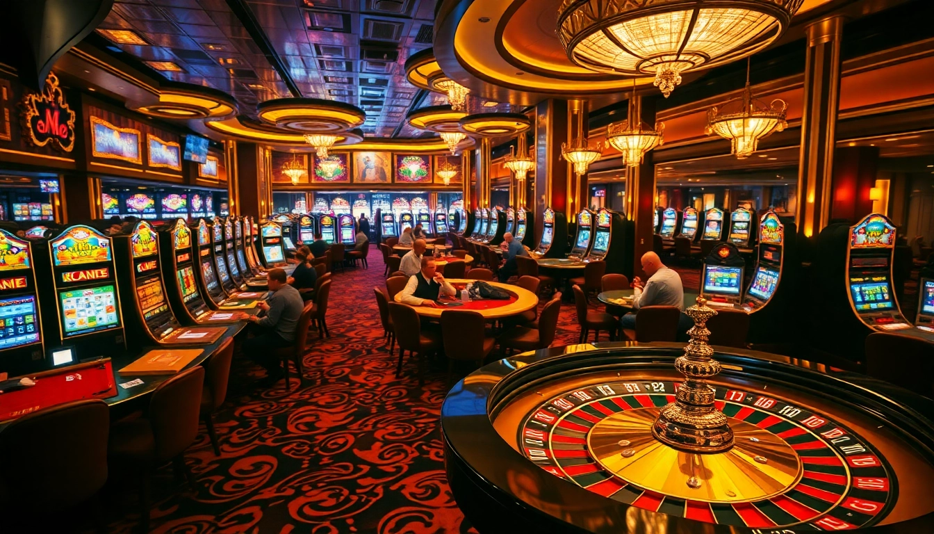 Players engaging with slot machines and poker tables in a vibrant casino scene featuring 88xx elements.