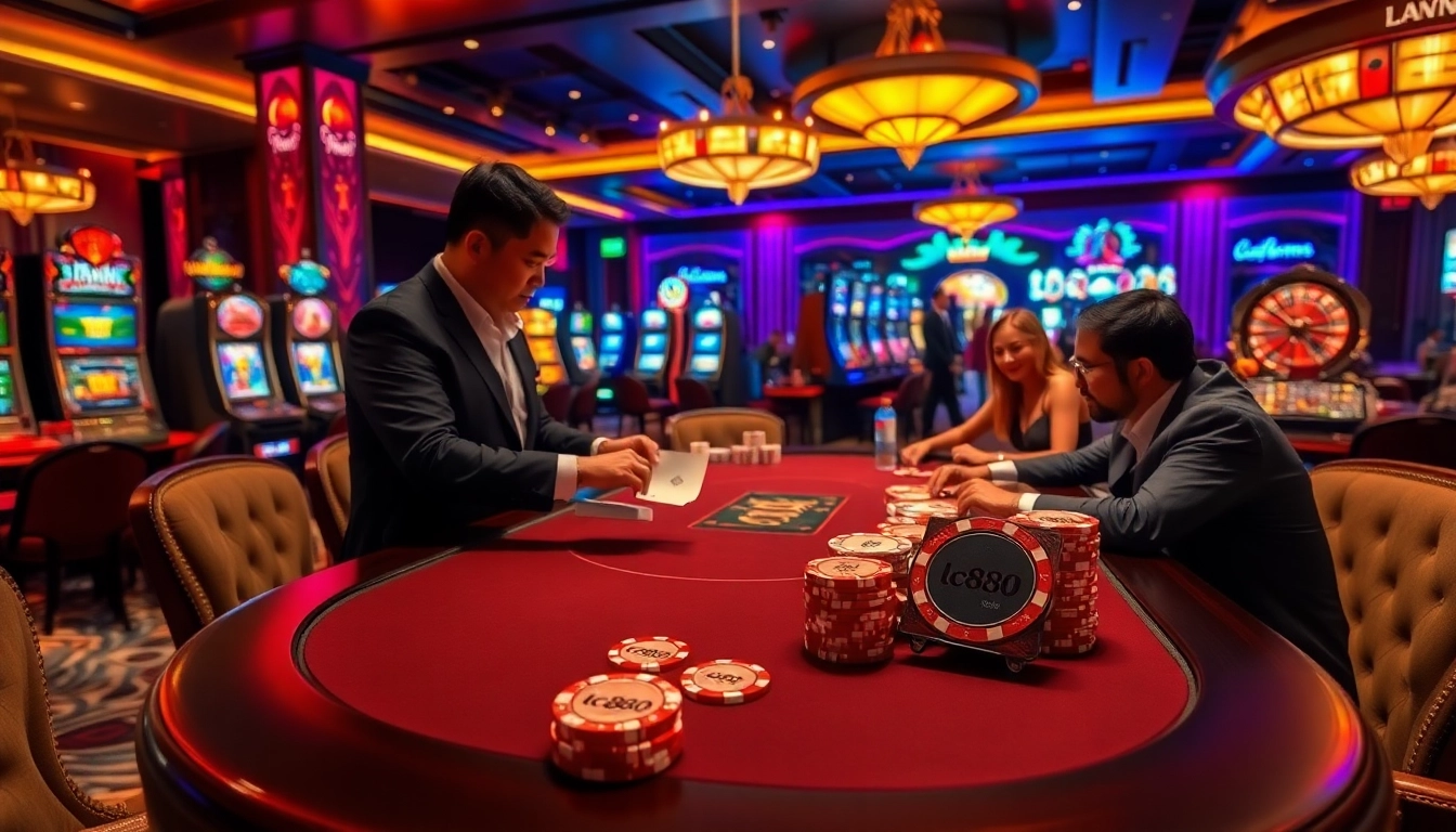 Players engaging in a thrilling card game at lc888’s premium casino, showcasing excitement and strategy.
