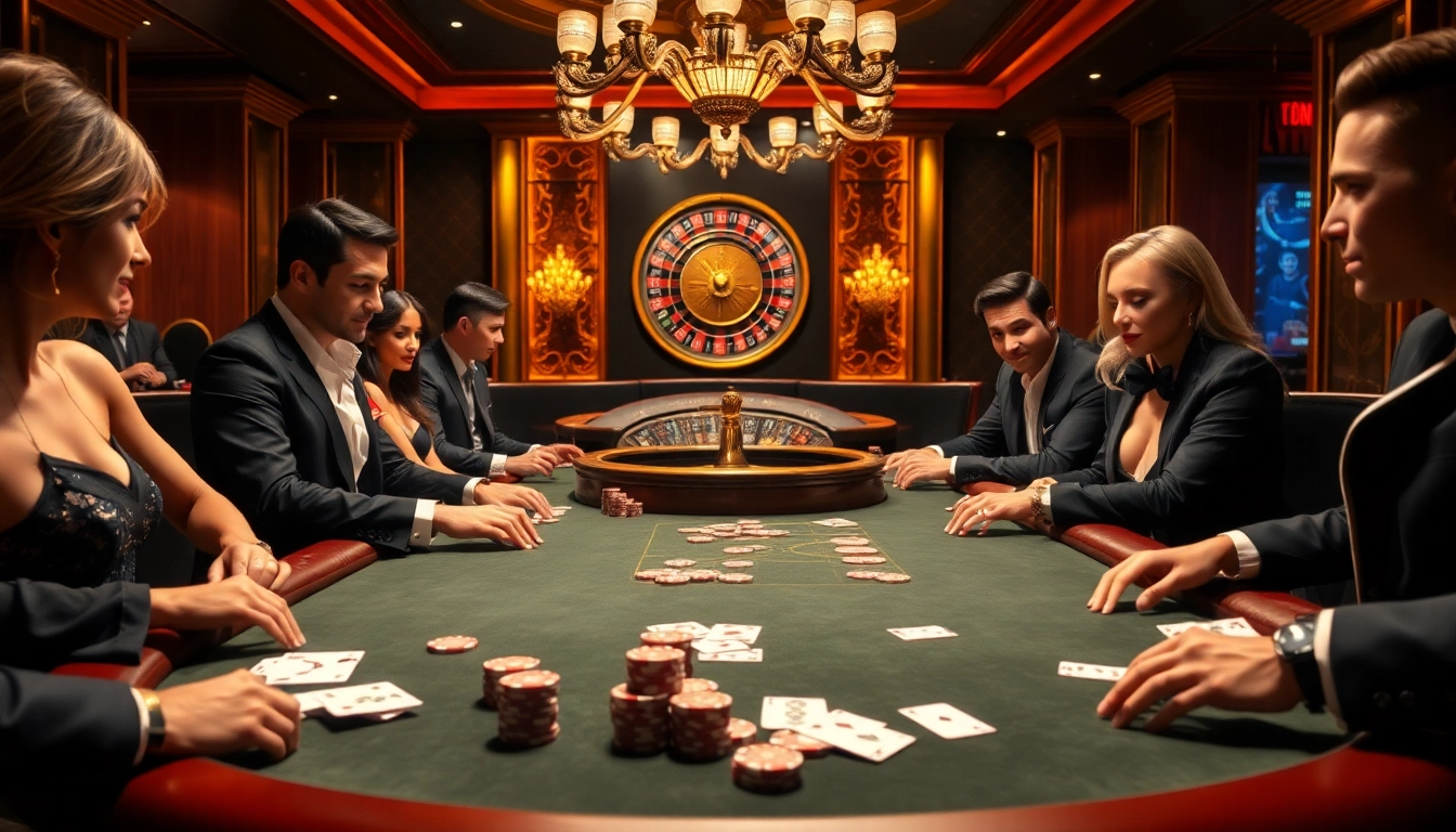 Trò chơi poker BetVIP với các chip và quân bài trên bàn sang trọng trong môi trường casino sôi động.