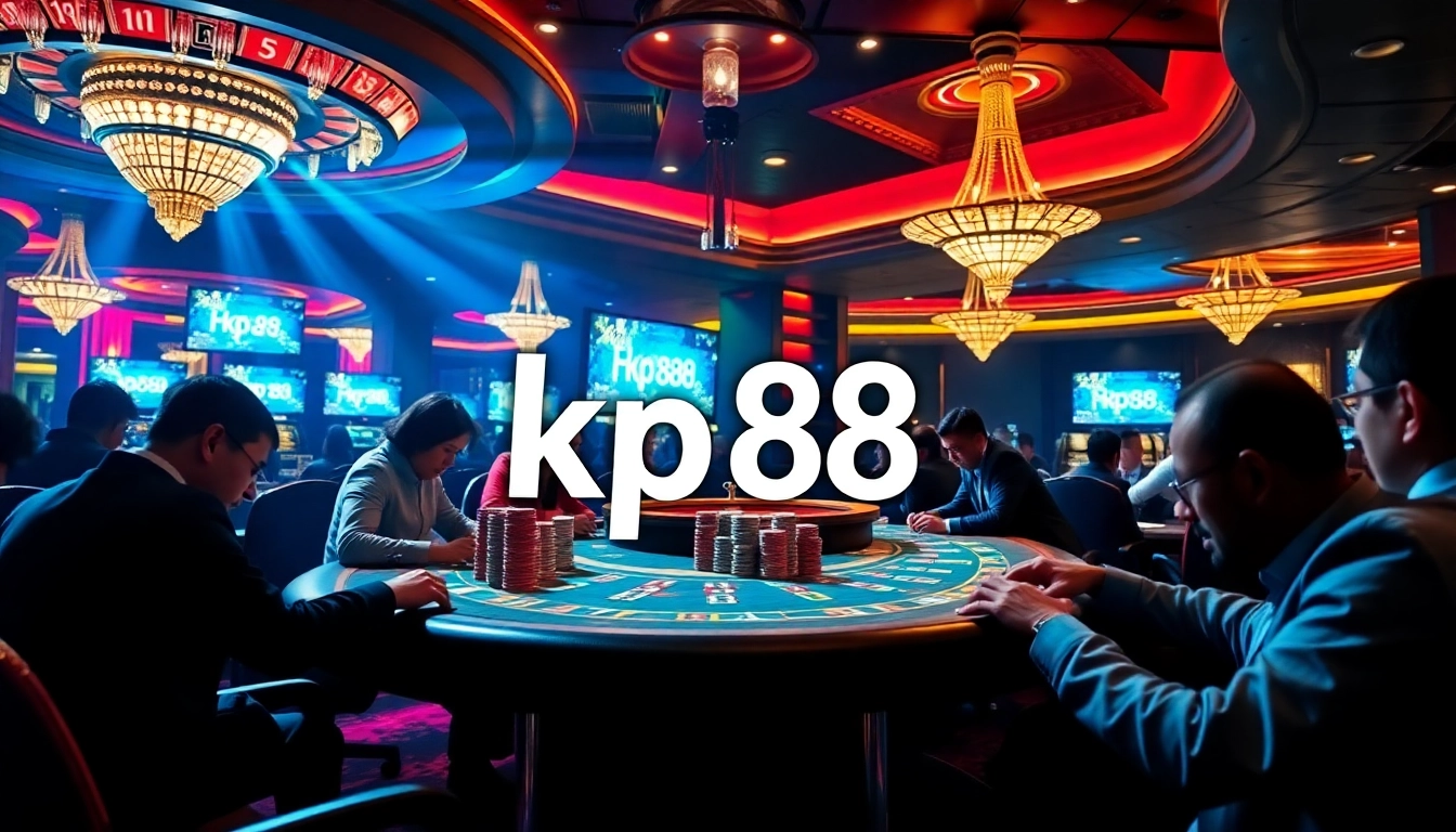 Engaging casino scene with kp 88 poker table, vibrant atmosphere, and excited players.