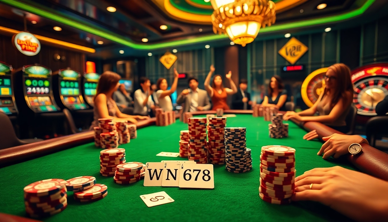 Exciting poker game with WN678 themed cards, vibrant casino atmosphere, and luxury details.