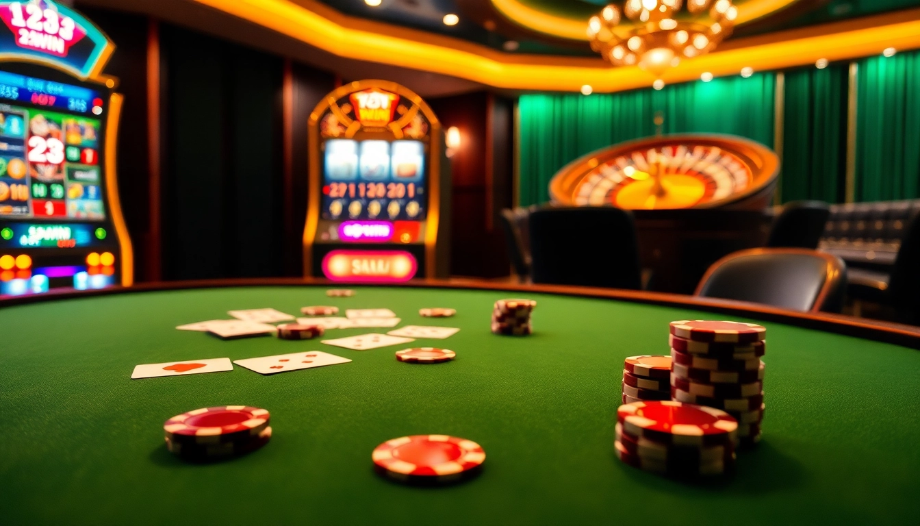 Experience the excitement of 23win online with a luxury casino showcasing poker chips and roulette wheels.