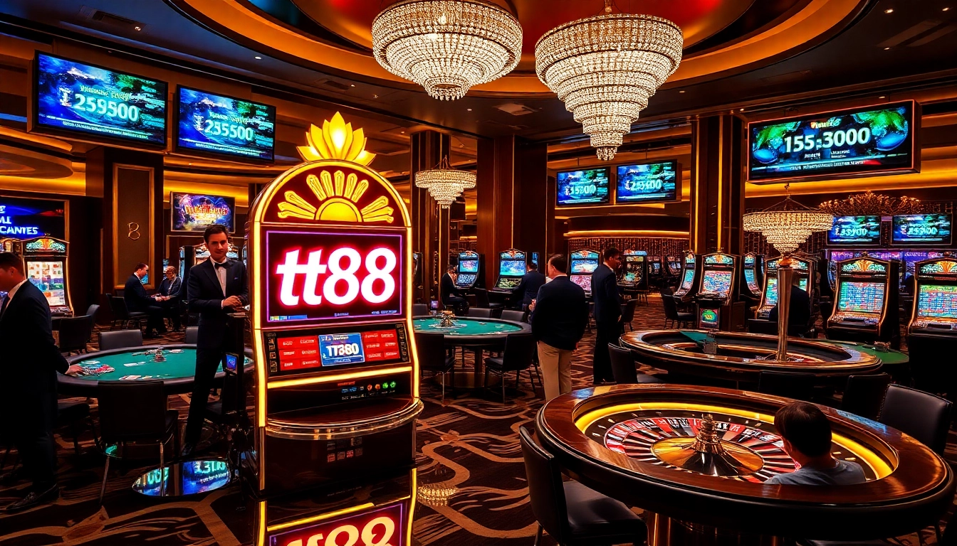 Players enjoy tt88 nổ hũ at luxurious casino tables, surrounded by vibrant lights and excitement.