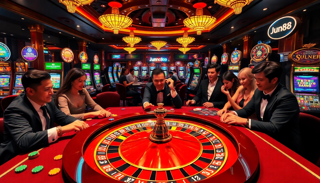 Engaged players at Jun88's luxurious casino table, showcasing the thrill of high-stakes gambling.