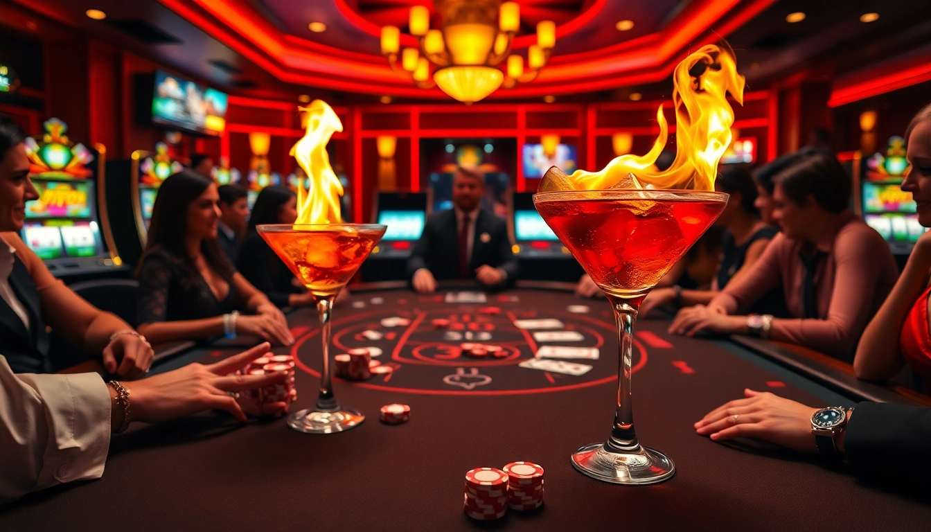 Excited players enjoying the thrill of gambling with a rượu b52 cocktail at a casino table.