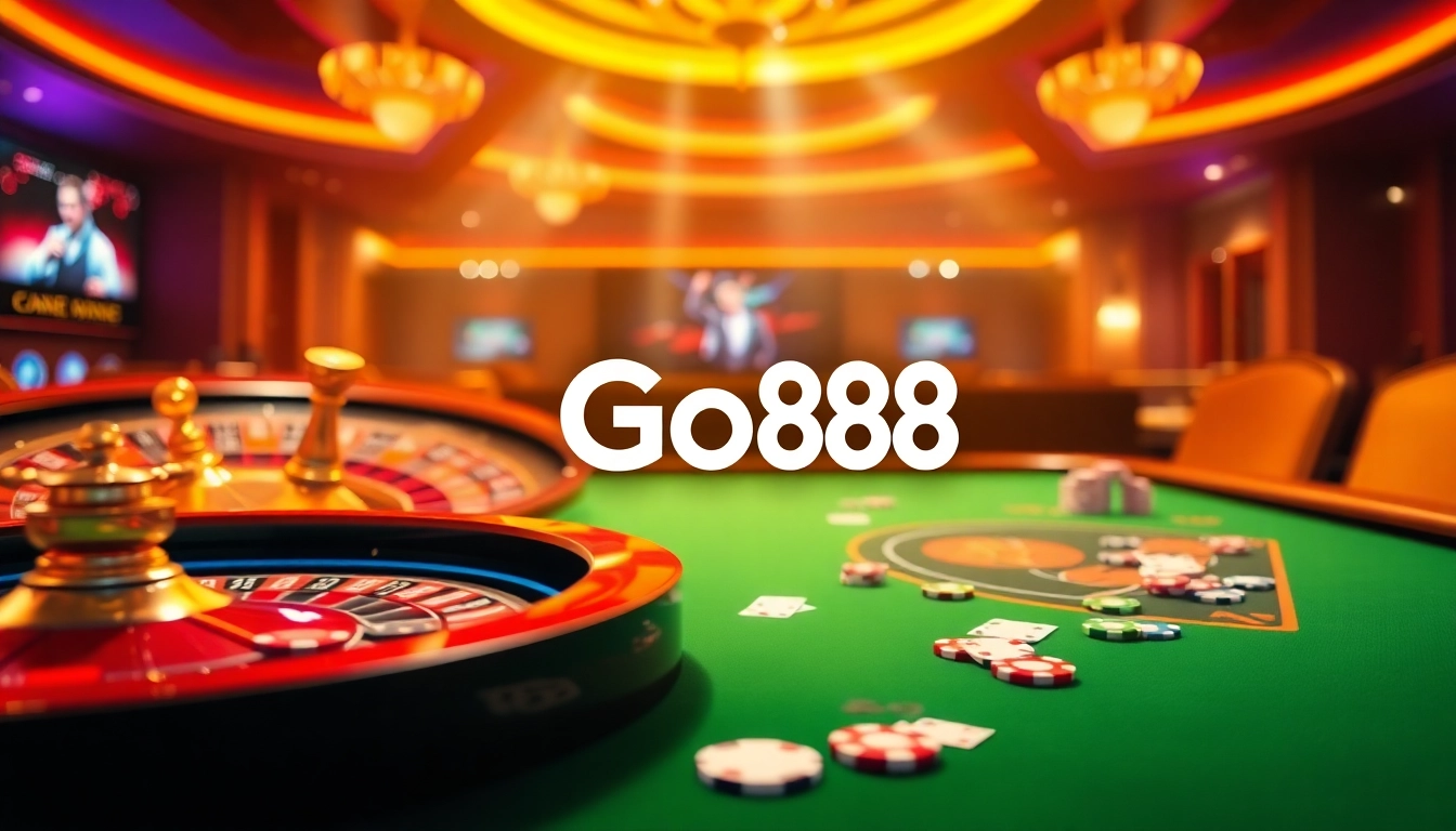 Engaging Go88 online gambling scene with roulette, poker, and colorful chips in a luxurious casino setting.
