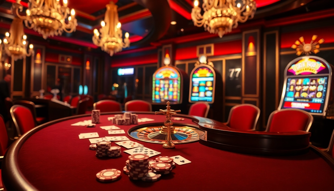 Engaging gamblers at a poker table in a luxury casino setting, featuring https://www.77jili7.com/ elements and vibrant roulette.