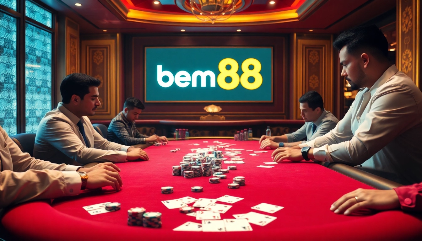 Experience high-stakes excitement at bem88's luxurious casino with intense poker gameplay.