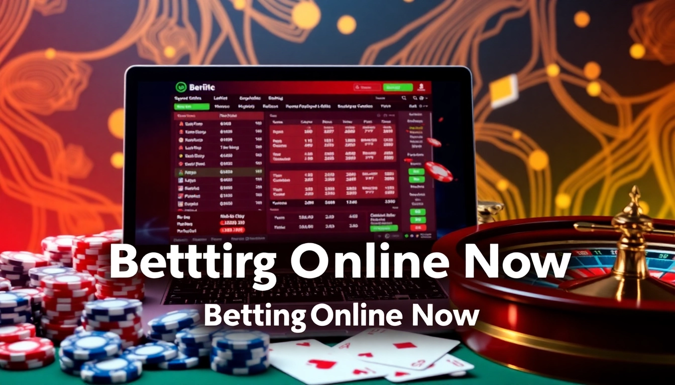 Experience the thrill of Betting Online Now with an enticing scene of poker chips and a sportsbook.