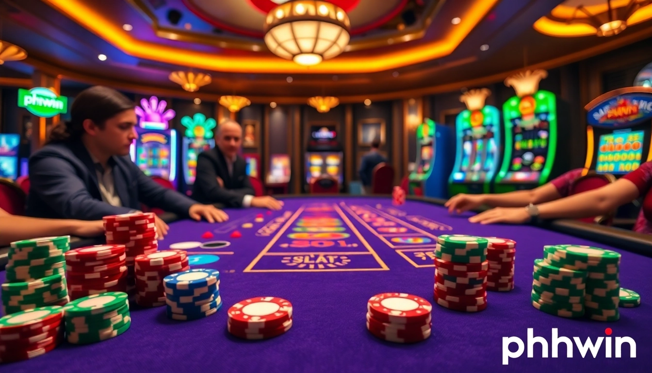 Experience the excitement of phwin at a vibrant casino blackjack table with colorful chips and dice.