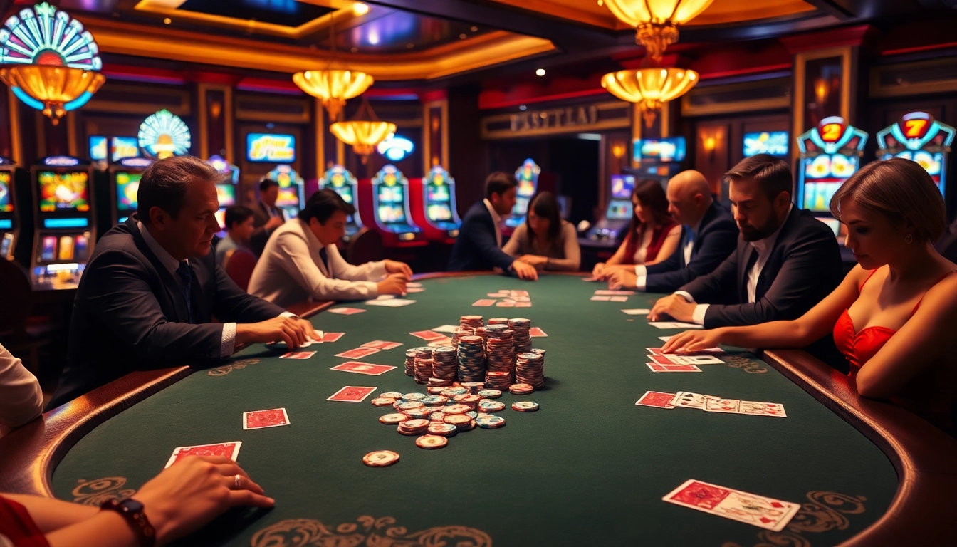 Exciting poker game at a casino featuring 5Z777 branding with colorful chips and cards.