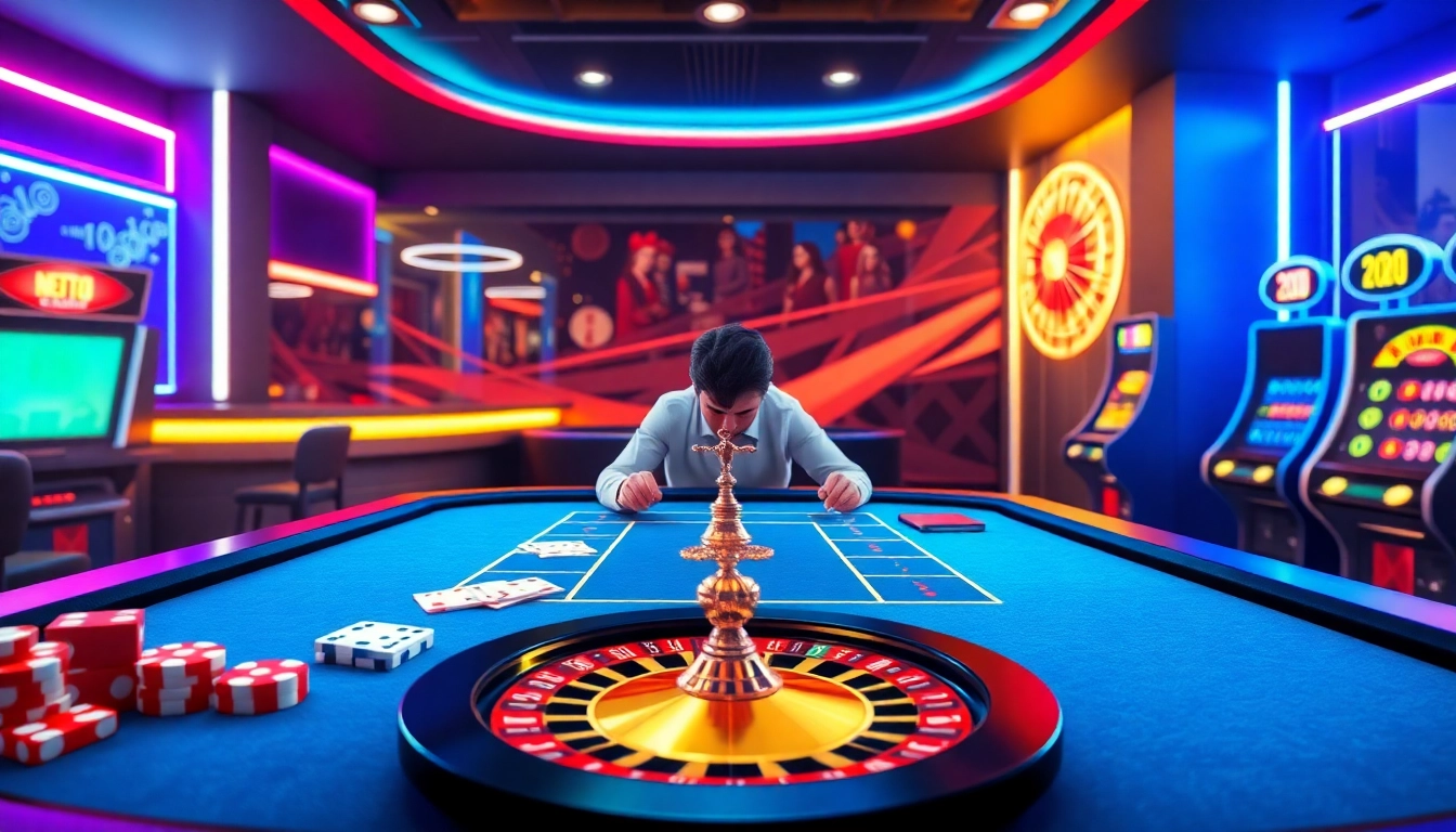 Engaging gamblers with Đăng nhập bomwin in an exciting casino scene featuring virtual poker and slot machines.