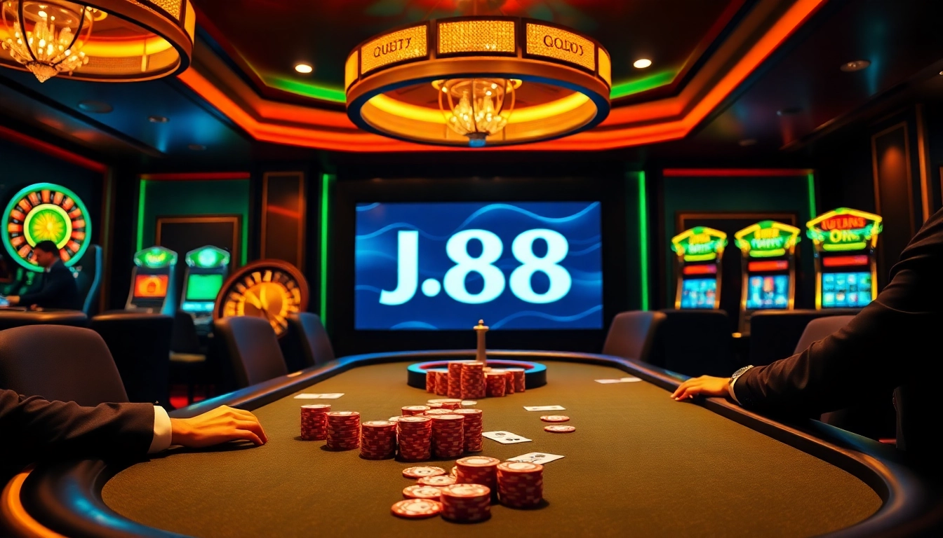 Engaged players in a high-stakes poker game with J88 gaming elements, vibrant casino atmosphere.