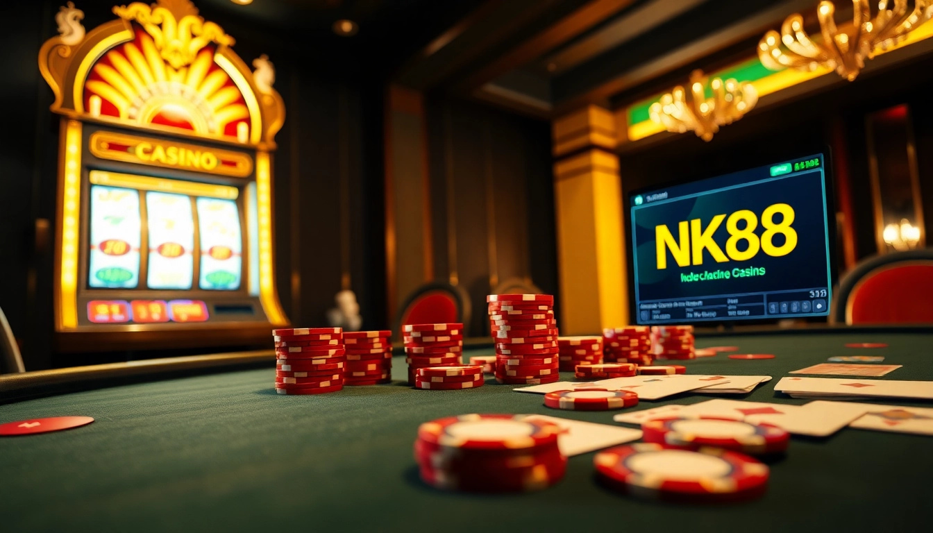 Experience the thrill of winning with NK88 at a luxurious casino poker table filled with chips and cards.