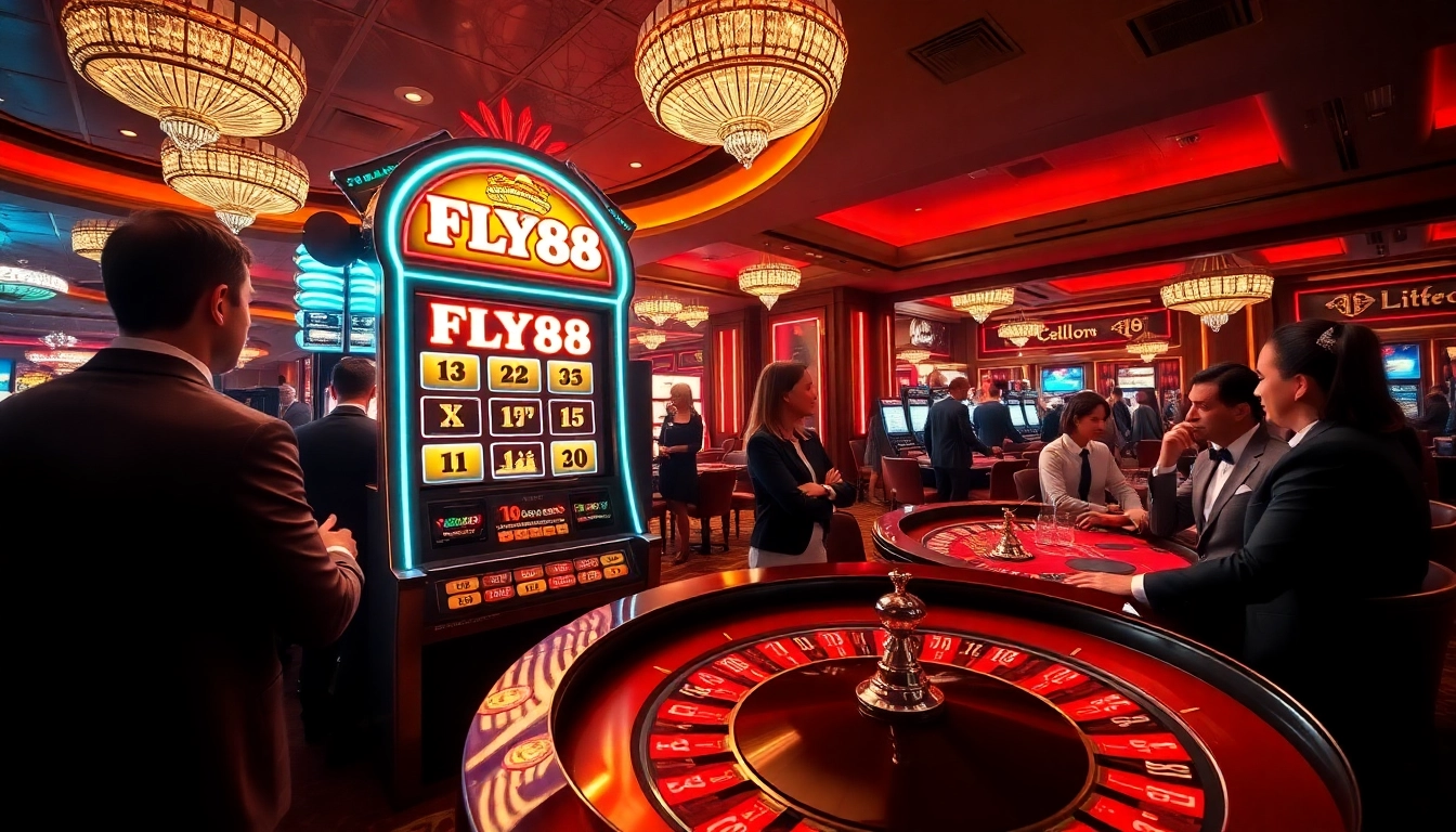 Experience the thrill of FLY88 at an upscale casino with modern slot machines and lively players.