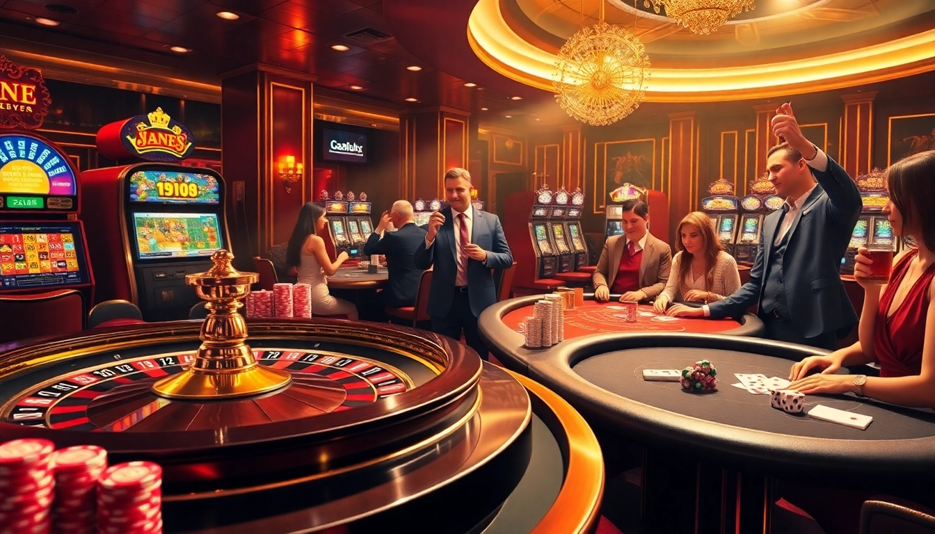 Một nhóm người chơi đang tận hưởng những khoảnh khắc trận đấu đầy phấn khích tại casino 24kclub, có bánh xe roulette và những thanh chip poker nhiều màu sắc.