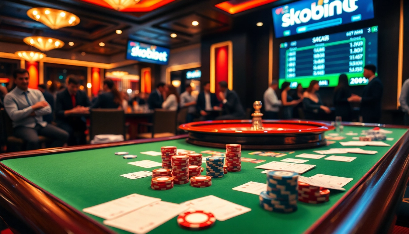 Betting enthusiasts engage with sbobet in a lively casino setting filled with vibrant gaming elements.