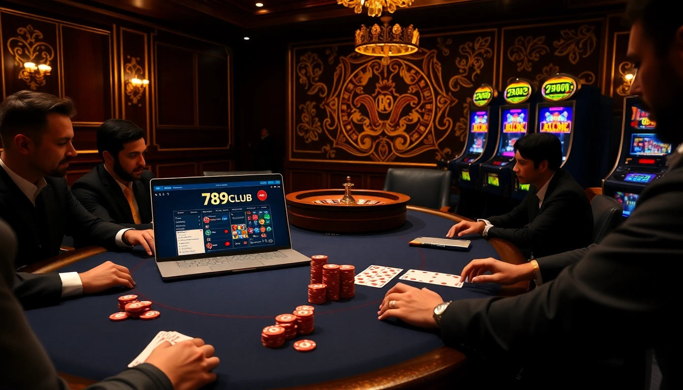Players engaging at a poker table with 789CLUB interface beside them, showcasing an exciting online gambling atmosphere.