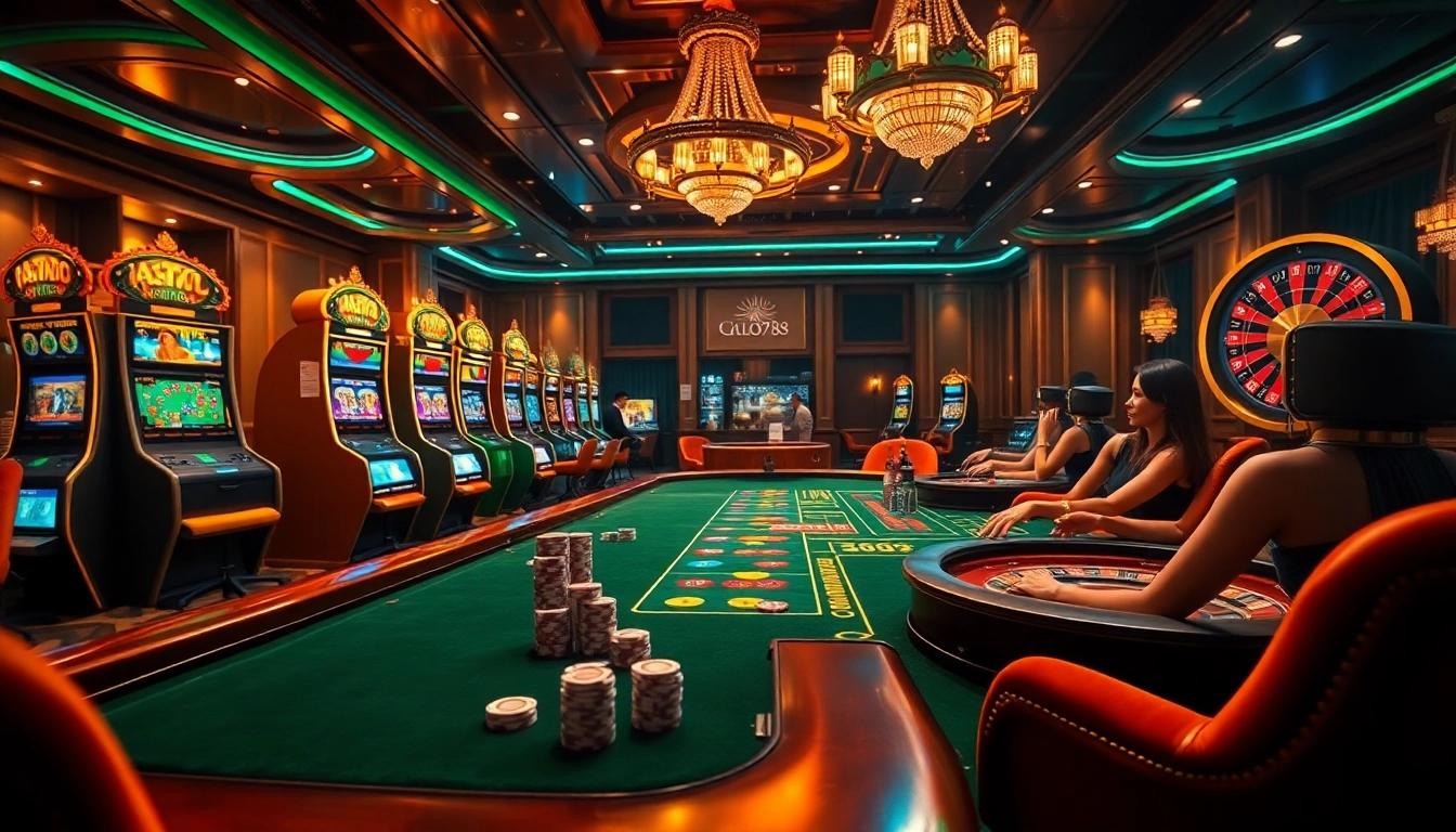 Alo789 casino scene showcasing luxurious gambling atmosphere with poker chips and slot machines.