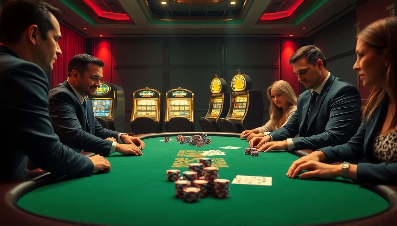 Experience thrilling game bài action at a professional poker table surrounded by vibrant casino atmosphere.