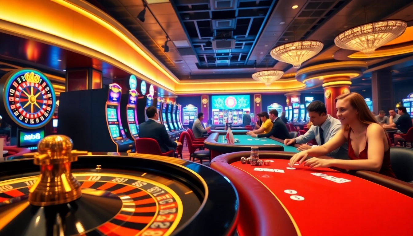Engage in thrilling casino experiences on ABC8 with vibrant slot machines and an elegant roulette wheel.