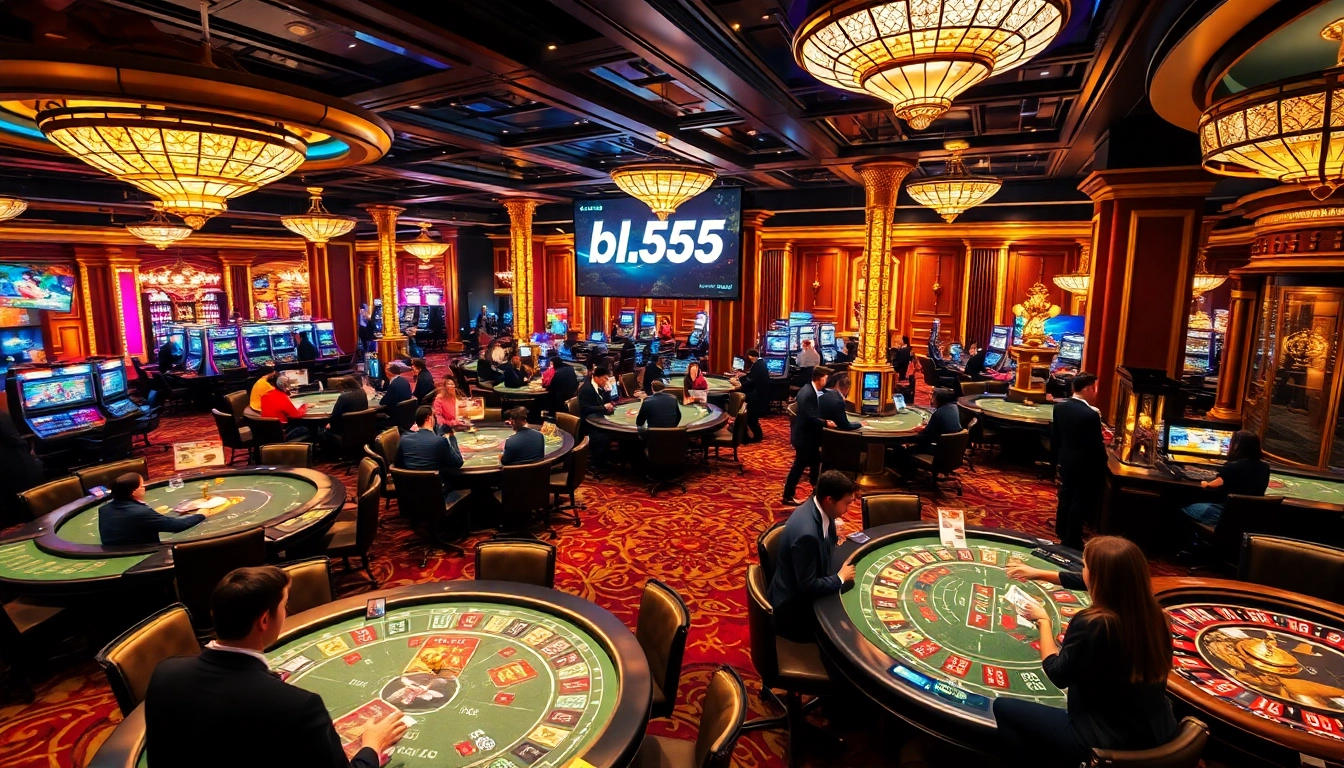 Experience the thrill of gaming with https://bl555.black at a vibrant casino scene, showcasing players and tables.