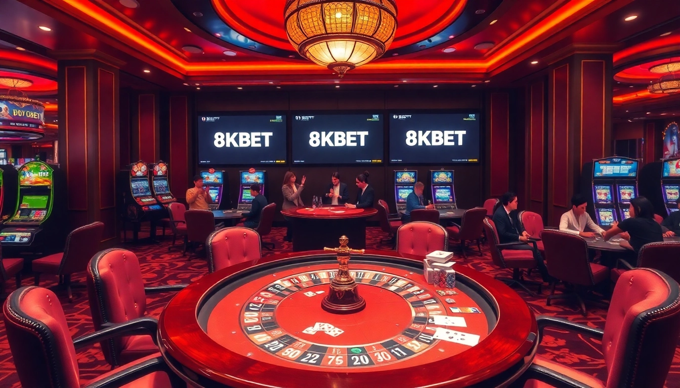 Experience the thrills of 8KBET at a luxurious casino, showcasing roulette and slot machines.