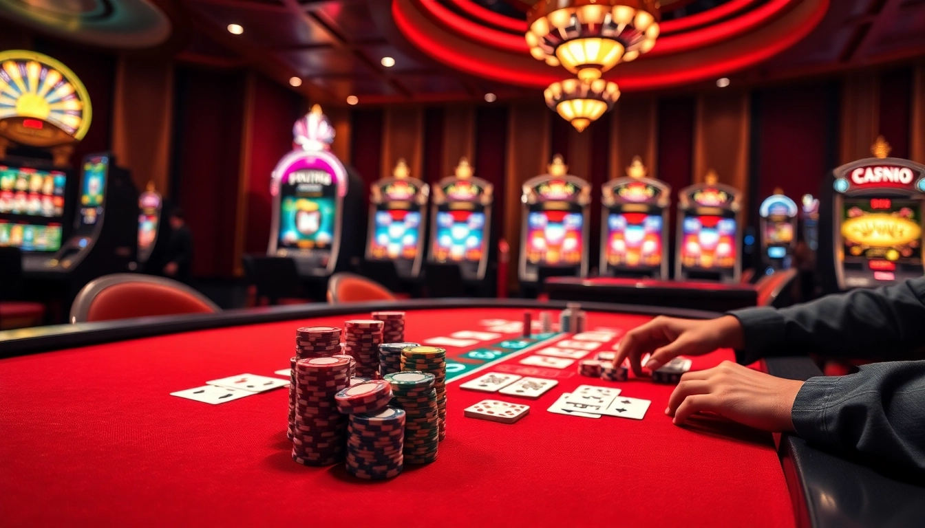 Experience the thrill of link bet88 at a luxurious casino table with vibrant slot machines.