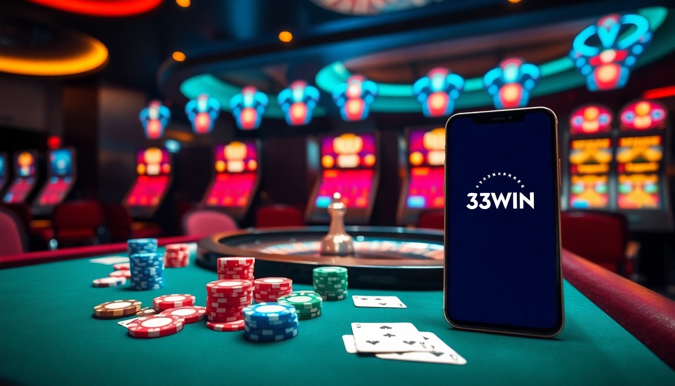 Engaging players at the 33WIN casino table with chips and cards in a vibrant setting.