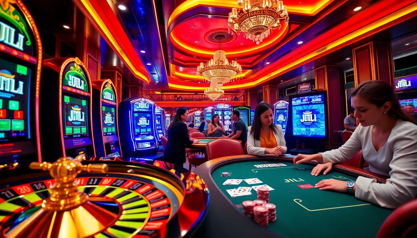 Players enjoying JILI slot machines and poker at a vibrant casino table.