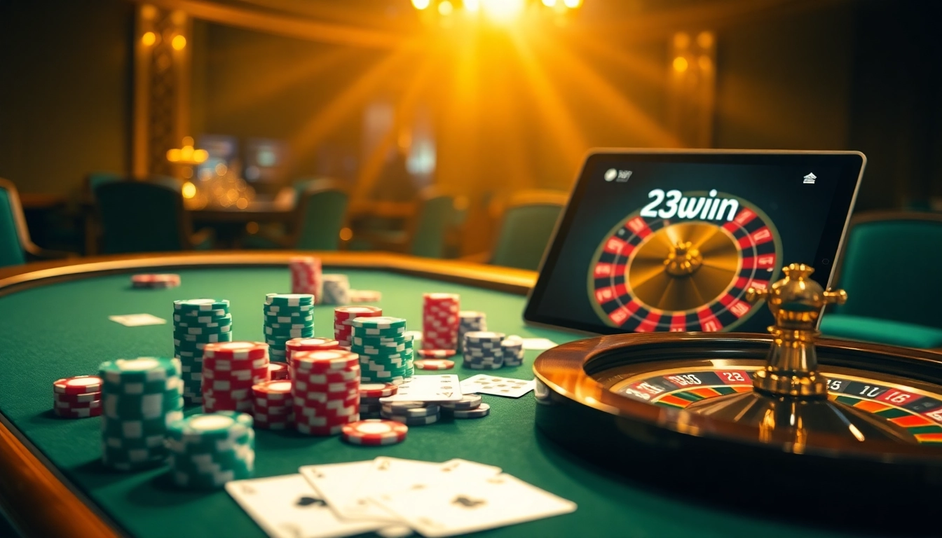 A high-stakes poker table scene showcasing 23win online gaming, complete with chips and cards.
