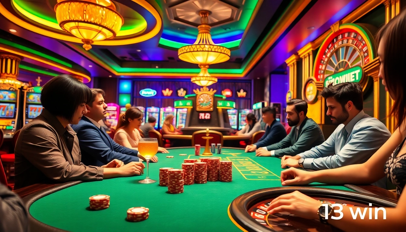 Players engaging in thrilling casino games at 13win, surrounded by vibrant slot machines and roulette.