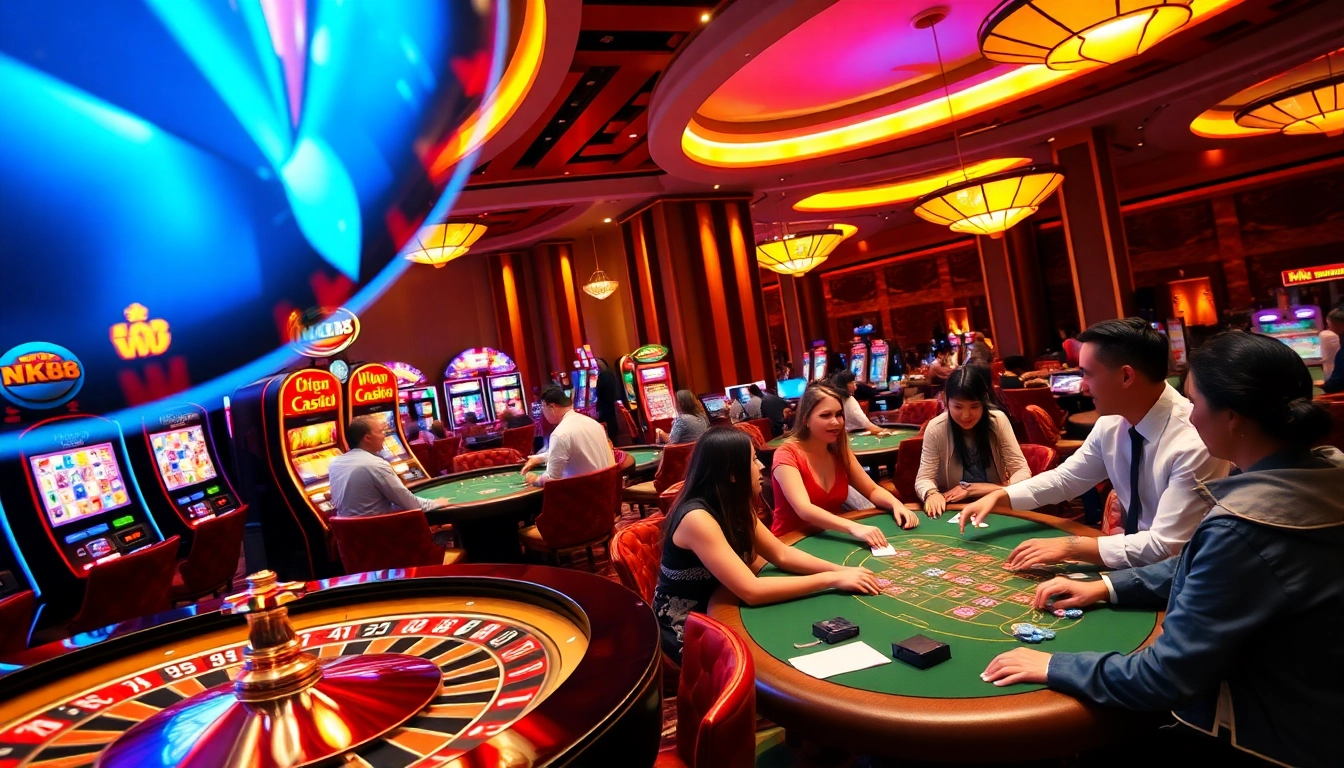 Players enjoying nk88 at a lively casino with vibrant slot machines and poker tables.