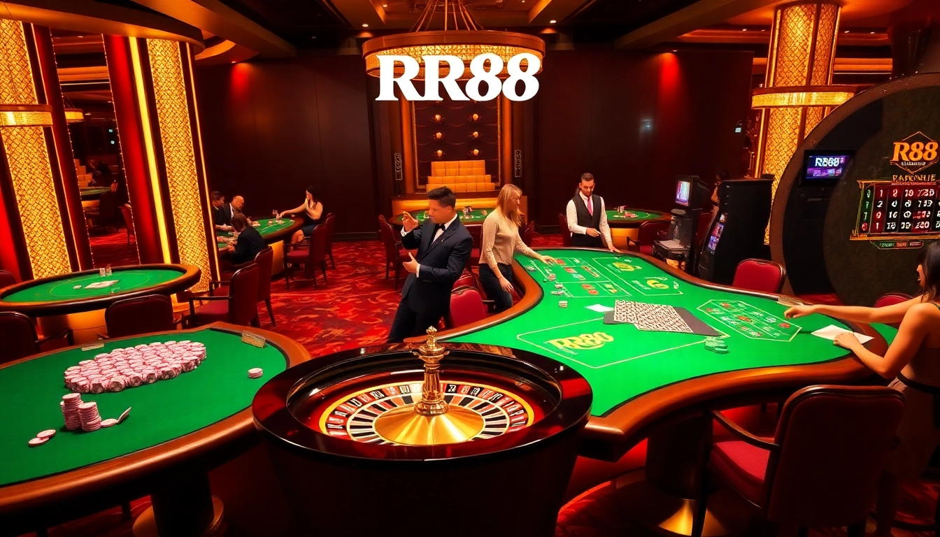 RR88 players engaging in thrilling casino games at a luxurious gambling table.