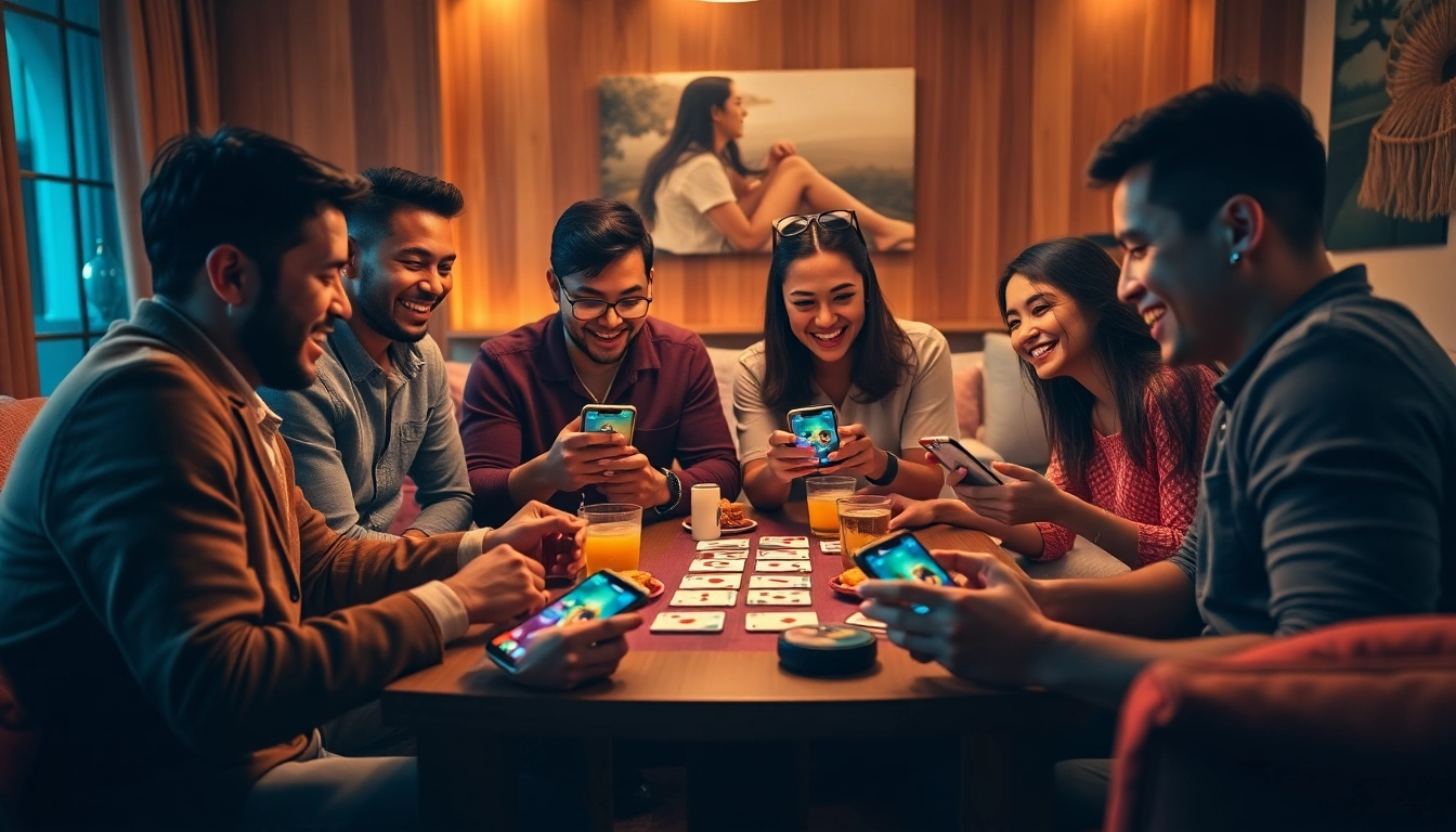 Engaged group playing Yono Rummy in a cozy setting, showcasing excitement and strategy.