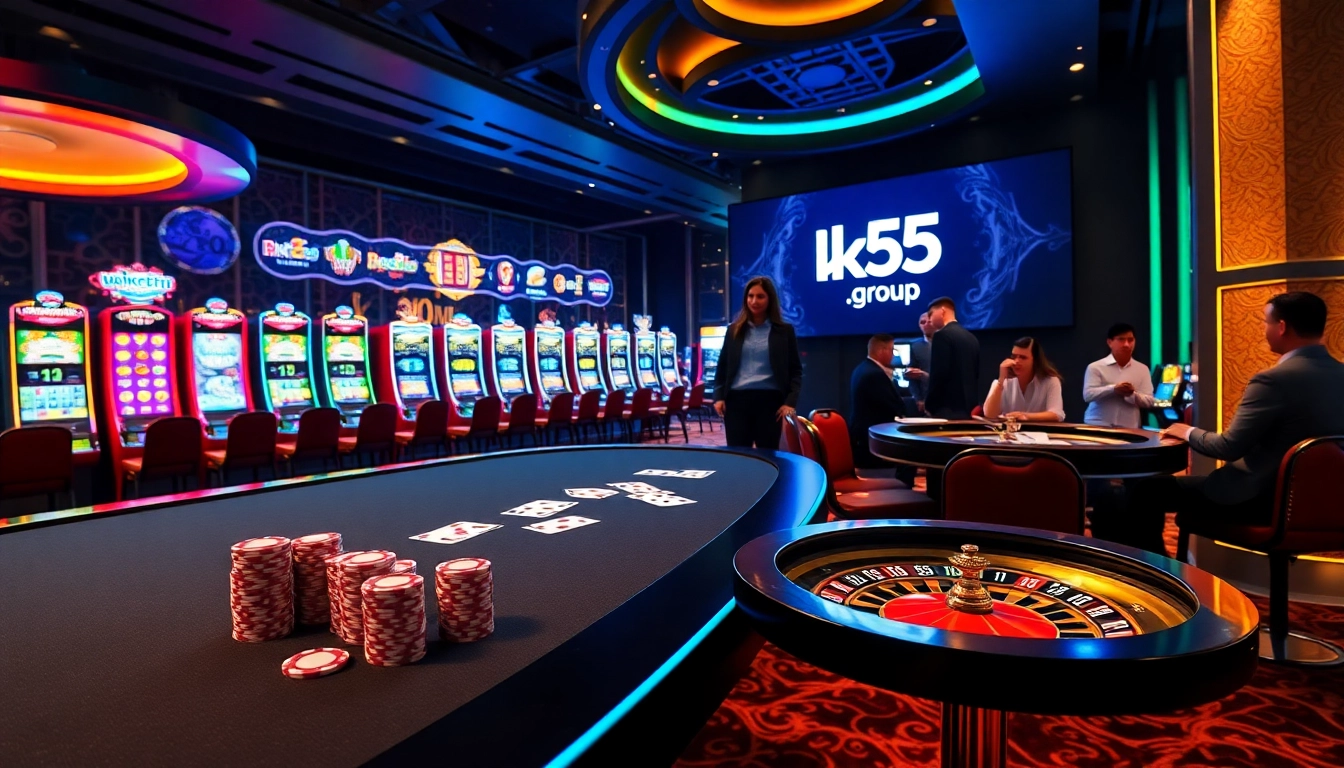 Exciting casino scene featuring kk55.group logo on a stylish gambling backdrop with poker and roulette.