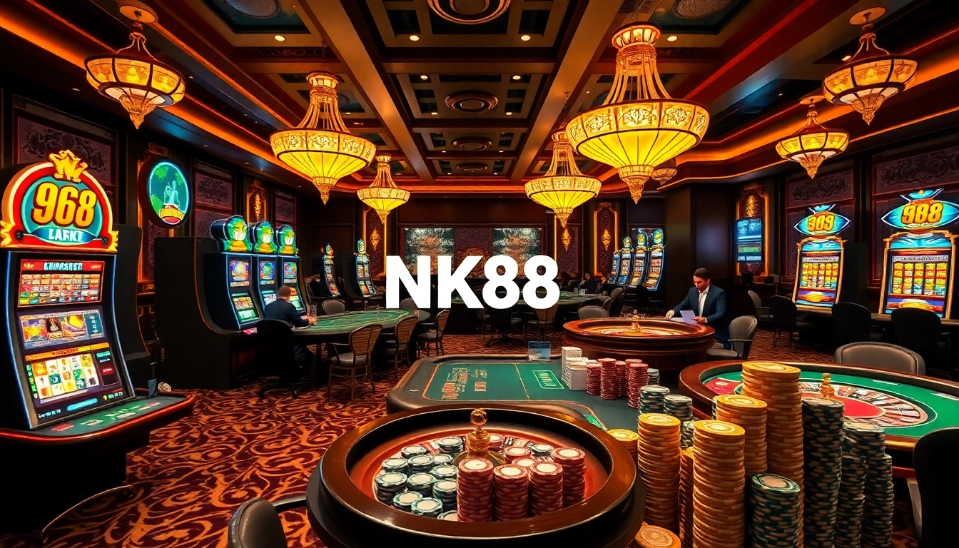 Experience high-stakes poker action at NK88's luxurious online casino with colorful slot machines and dealer interaction.