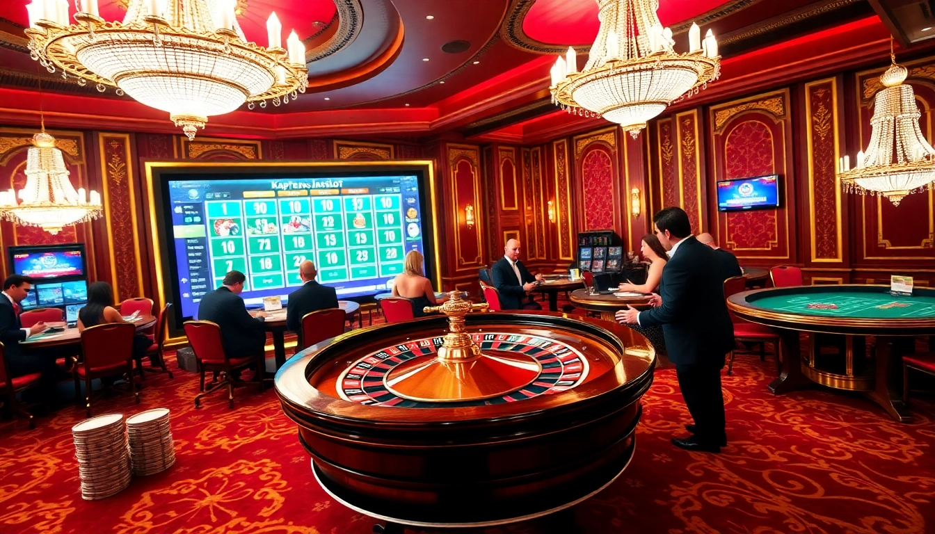 Excited players engaging with kaptenjackpot at a luxurious casino table with roulette and poker chips.