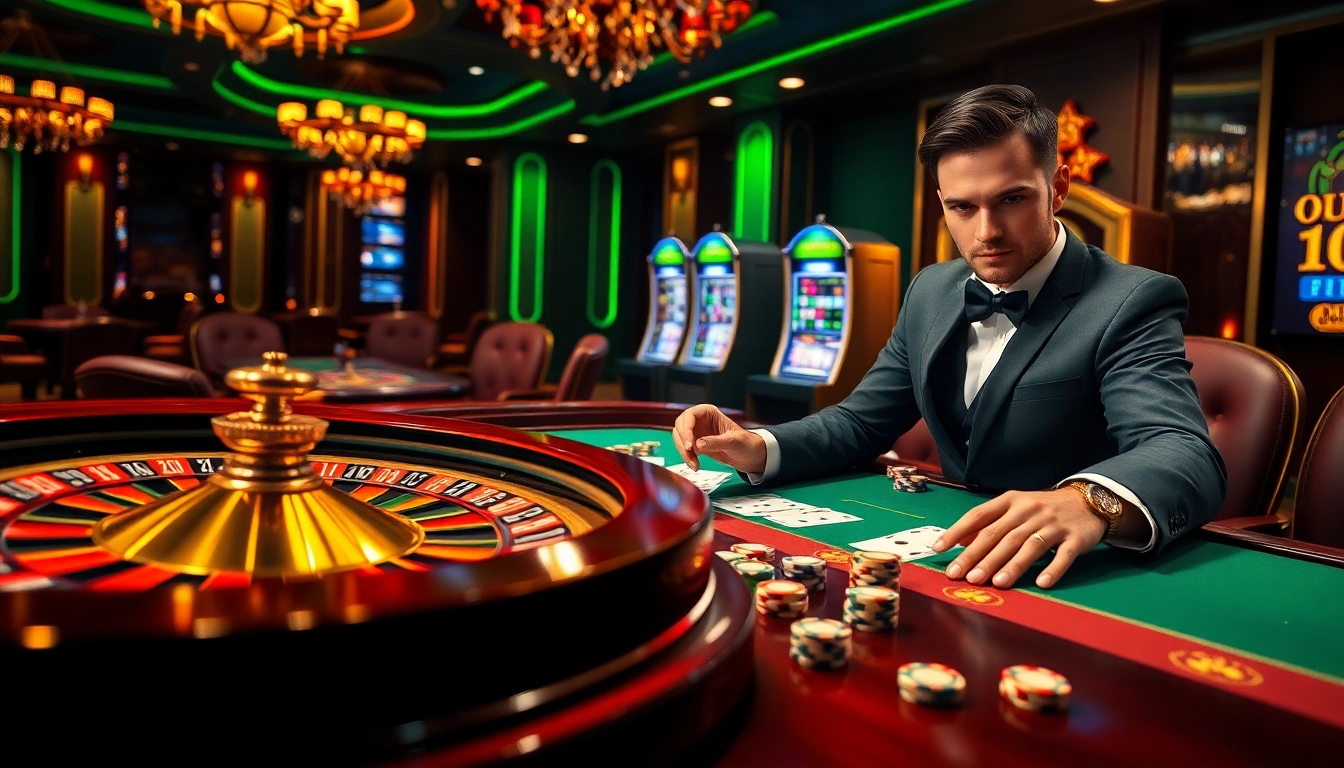 Engaging gaming scene showcasing nhà cái xin88 with roulette, cards, and poker chips.