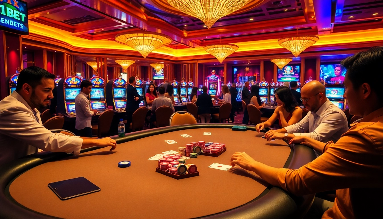 Players enjoying a thrilling game at 11BET's luxurious casino, featuring poker tables and vibrant slot machines.