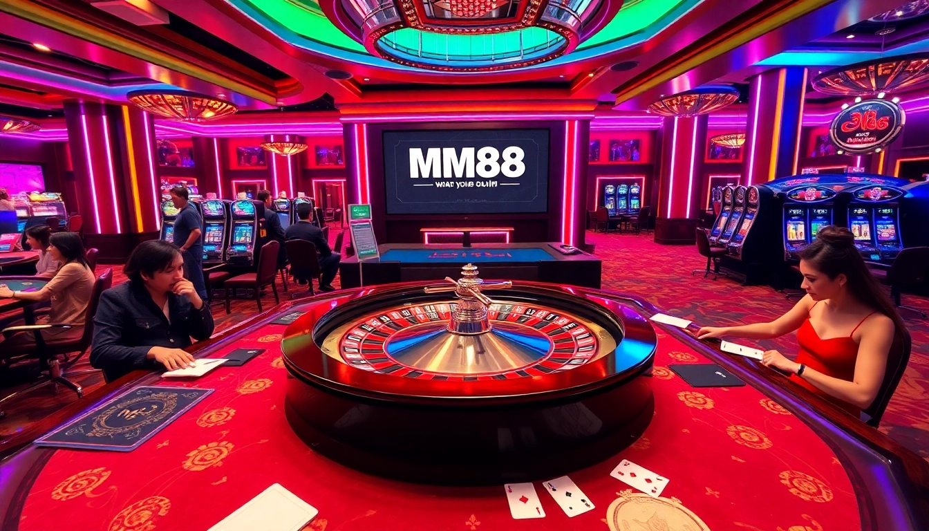 MM88 casino scene showcasing roulette wheel and poker action in an elegant environment.