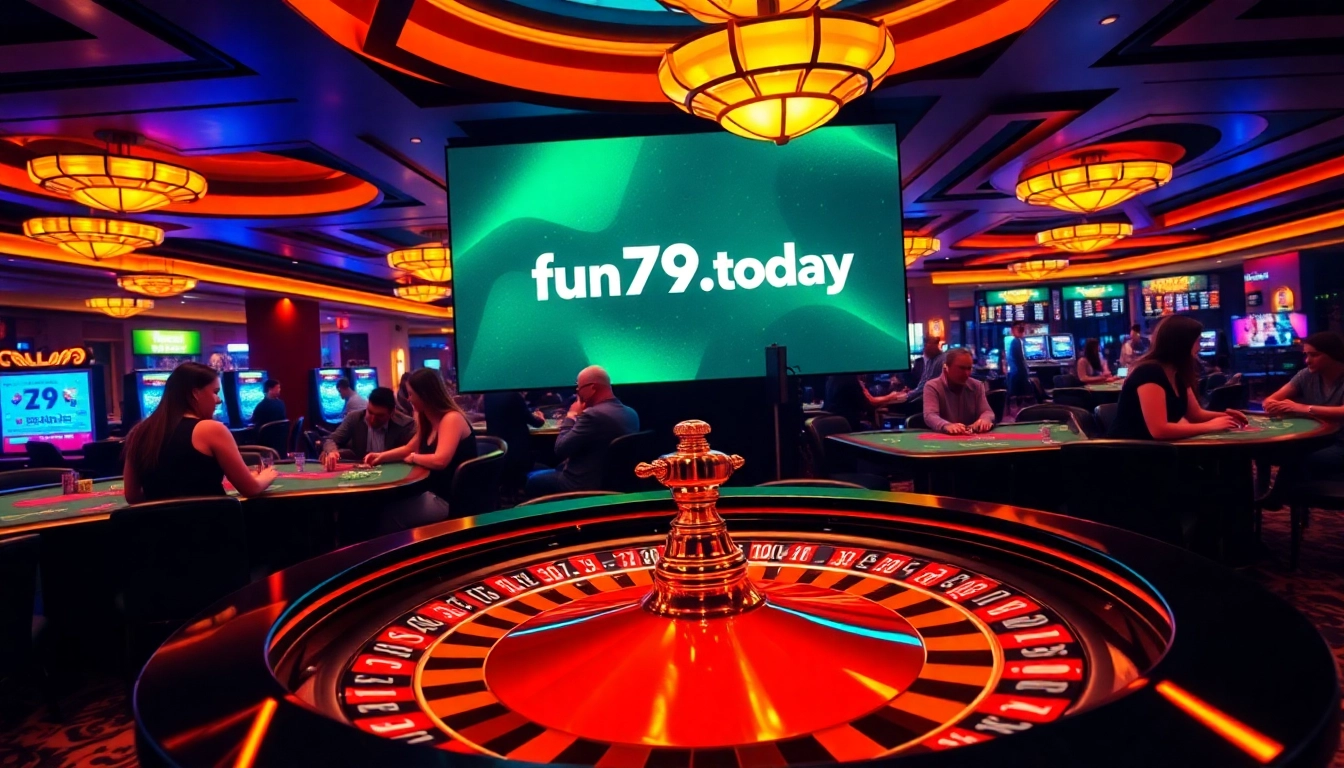 Experience thrilling gameplay at a luxurious casino featuring fun79.today, with vibrant roulette and excited players.