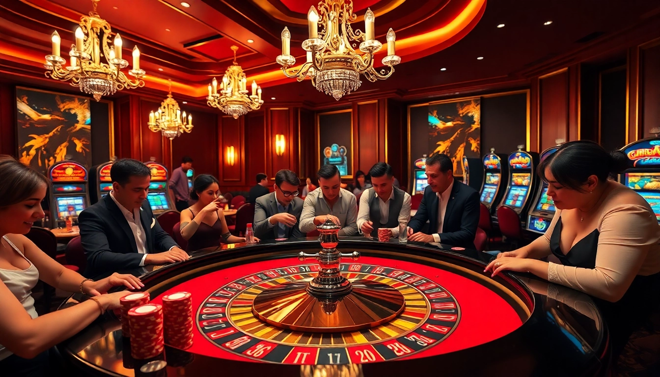 Players enjoy high-stakes roulette in a luxurious casino with JL55 promotional elements.