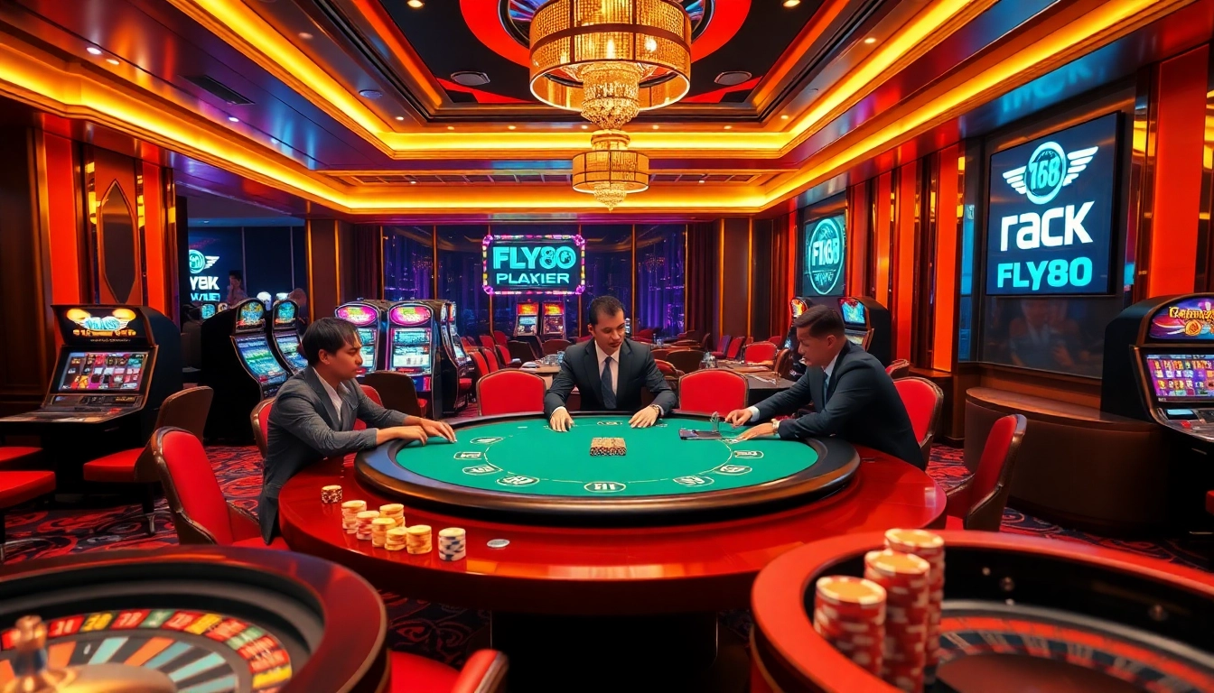 Experience the thrill of FLY88 at an upscale casino table filled with vibrant poker chips and engaged players.