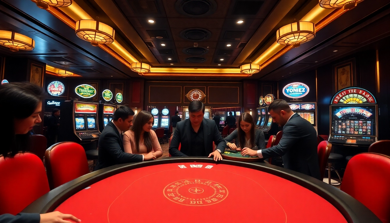 Experience the excitement of go88 at a luxurious poker table in a vibrant casino setting.