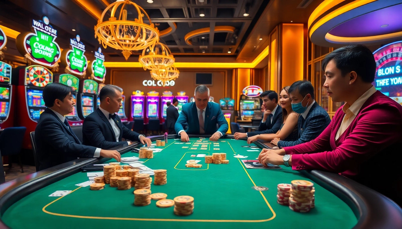 Gamblers playing at an upscale poker table inspired by https://gg88.mov/ with vibrant roulette and slot machines.