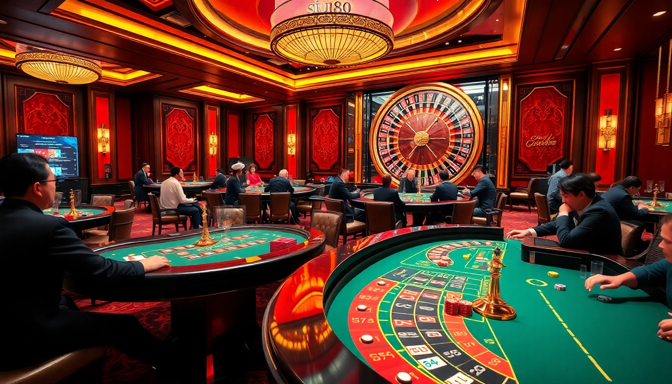 Siu88 casino scene featuring vibrant tables, players, and a roulette wheel in an upscale setting.