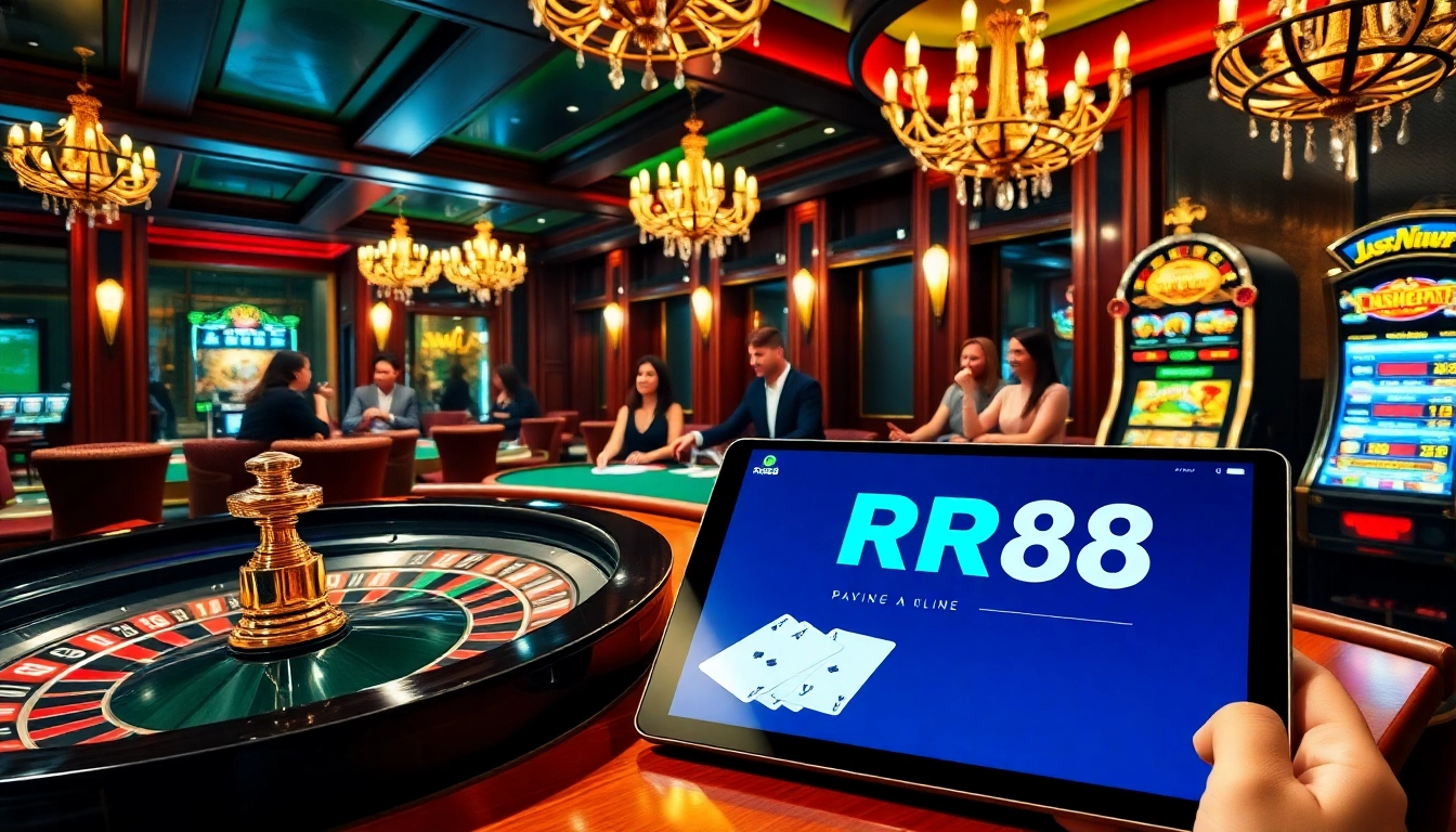 Experience the thrill of RR88 at a luxurious casino with vibrant tables and slot machines.