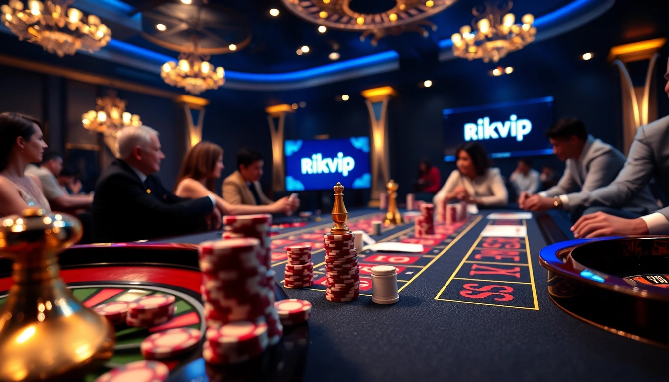 Players enjoying intense gameplay at a luxurious Rikvip casino table with poker chips and a roulette wheel.
